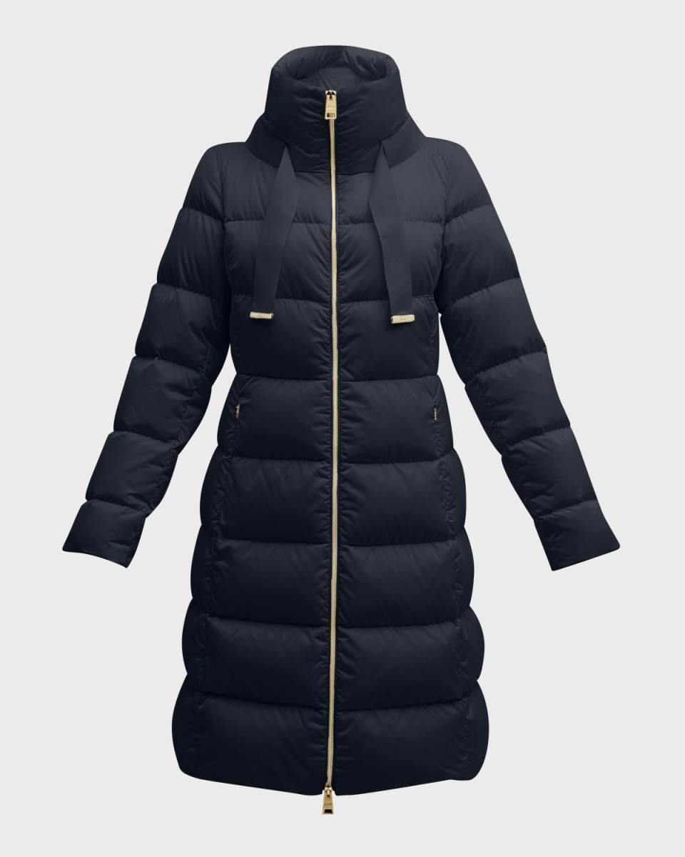 Water-Resistant Sateen Nylon Long Hourglass Puffer Jacket