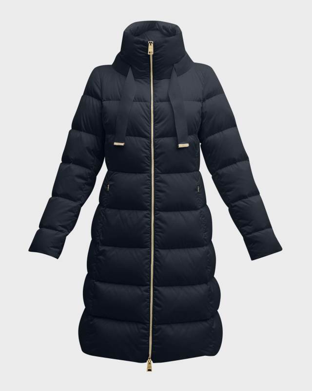 Water-Resistant Sateen Nylon Long Hourglass Puffer Jacket