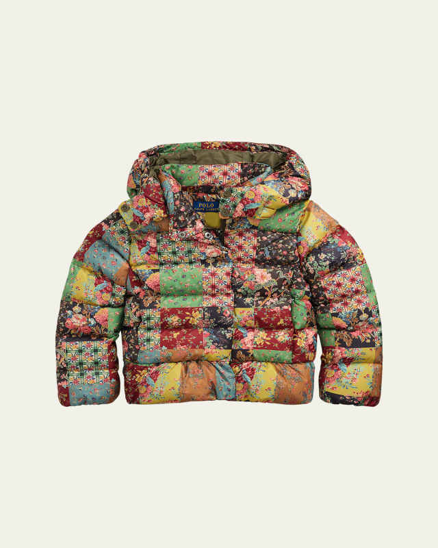 Girl's Patchwork-Print Recycled Nylon Puffer Jacket, Size 2-6X