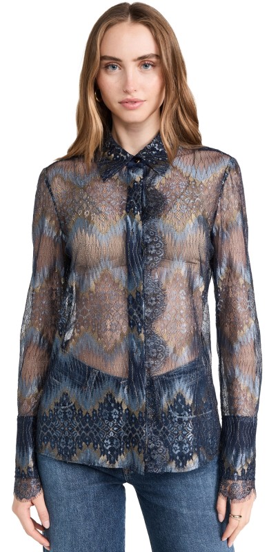 Ramy Brook Nora Blouse Navy Lurex Chevron Lace