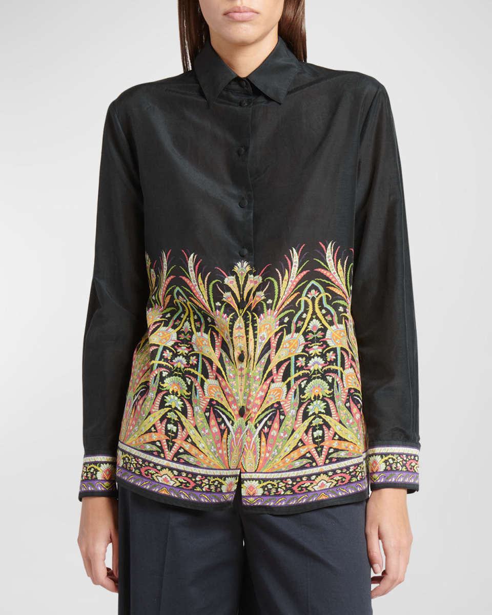 Kaleidoscope-Print Long-Sleeve Button-Front Voile Shirt