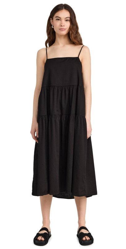 Enza Costa Cool Cotton Strappy Tiered Dress Black