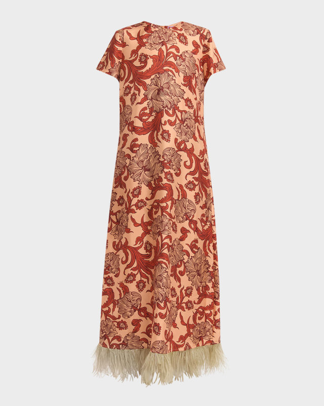 Short-Sleeve Feather-Hem Maxi Swing Dress