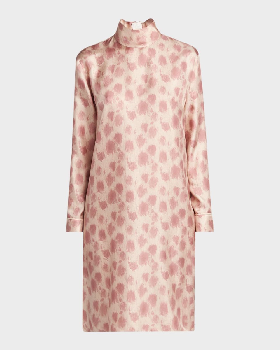 Cheetah-Print Turtleneck Long-Sleeve Silk Dress