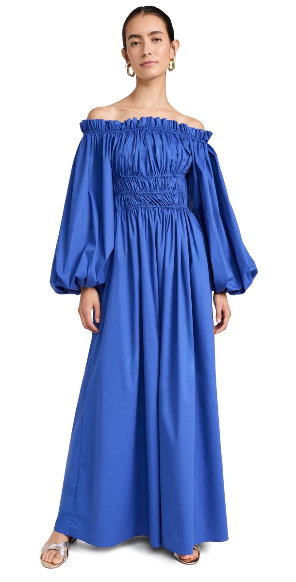 CAROLINE CONSTAS Raquela Off Shoulder Ruffle Maxi Dress Azure