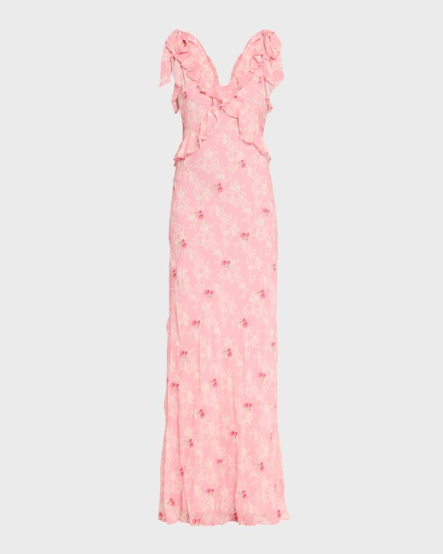 Orcene Ruffled Tie-Shoulder Chiffon Maxi Dress