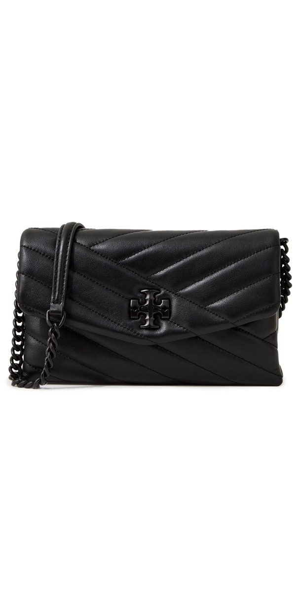 Tory Burch Kira Chevron Powder Coated Chain Wallet Black