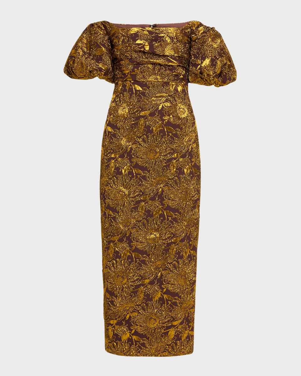 Metallic Sheath Dress with Puff Sleeves