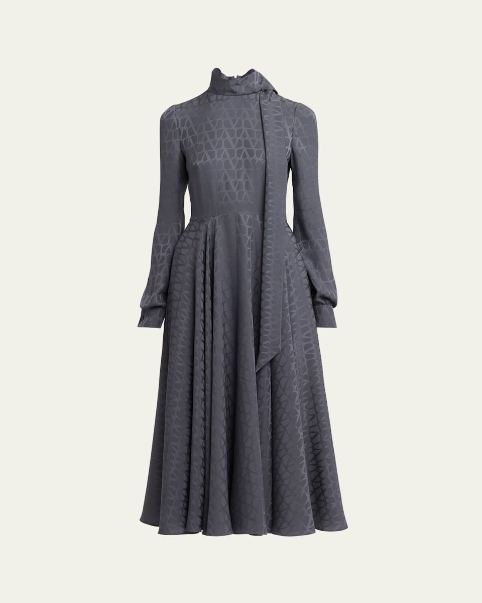 Silk Iconograph Print Midi Dress with Scarf Neckline