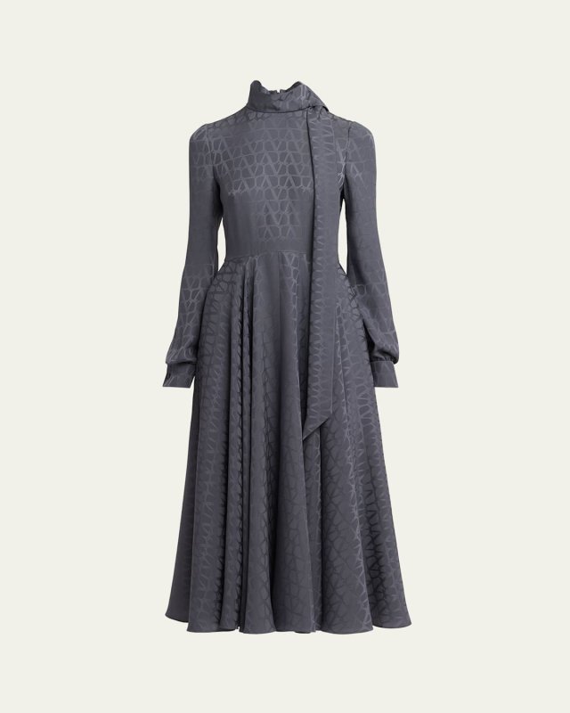 Silk Iconograph Print Midi Dress with Scarf Neckline
