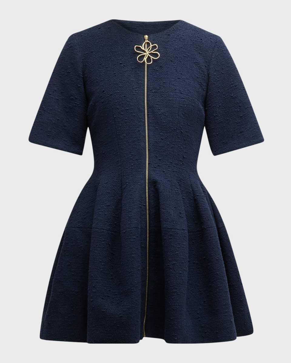 Zip Front Wool Tweed Mini Dress