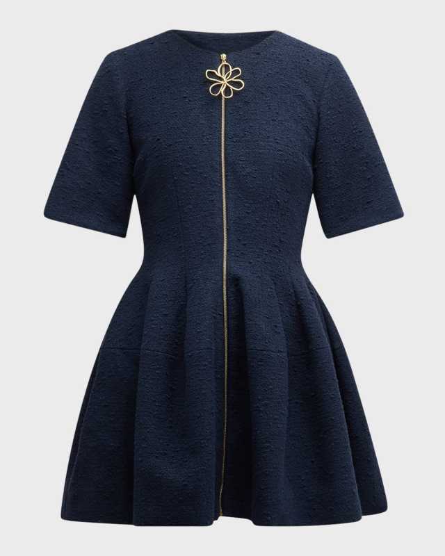 Zip Front Wool Tweed Mini Dress