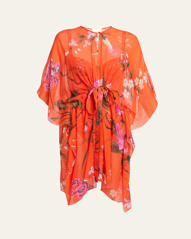 Floral-Print Tie-Waist Silk Mini Kaftan Dress
