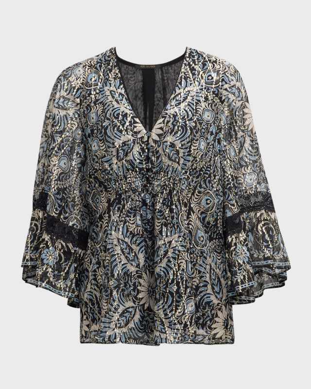 Ele Floral-Print Metallic Fleck Blous