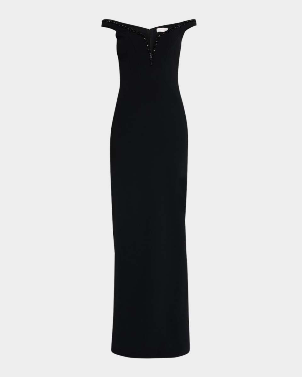 Crystal Off-The-Shoulder Crepe Gown