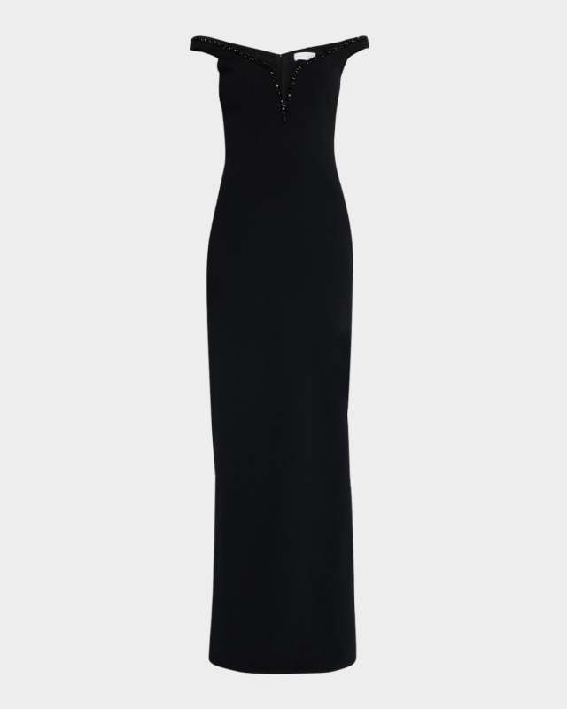Crystal Off-The-Shoulder Crepe Gown