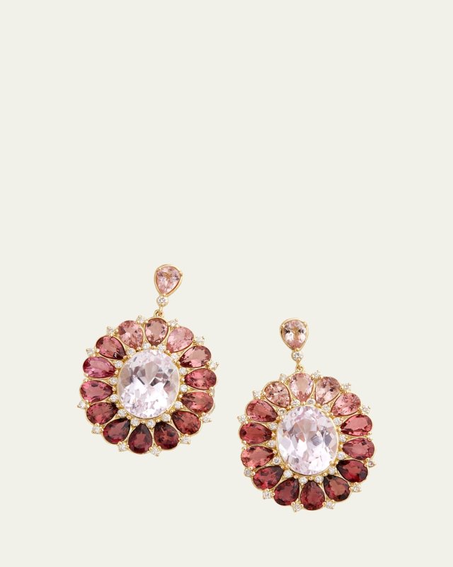 18K Yellow Gold Floral Ombre Oval Earrings with Kunzite, Pink Tourmaline and Diamonds