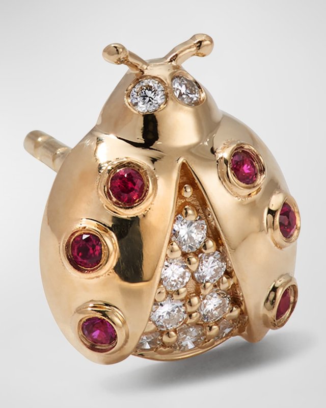14k Gold Ruby Diamond Ladybug Single Stud Earring