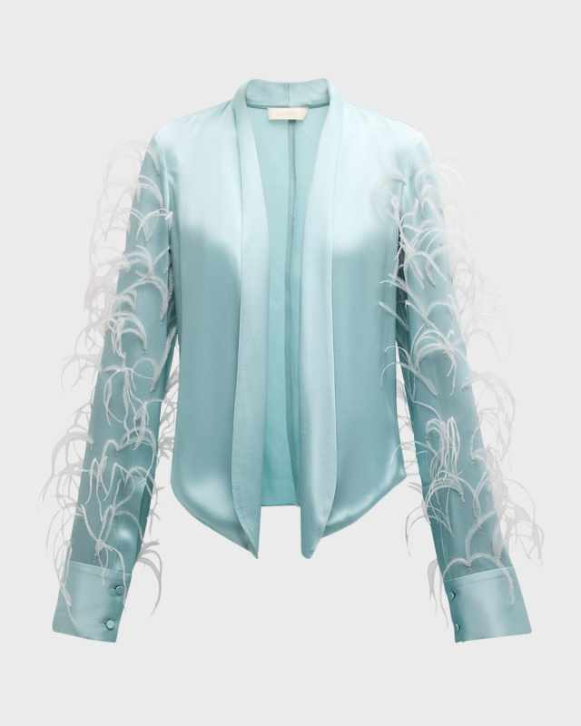 Feather-Trim Soft Doubleface Satin Open Blaz