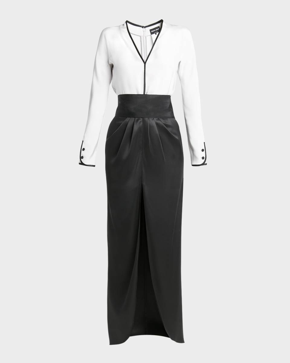 Bicolor Tuxedo Silk Column Gown with Sash