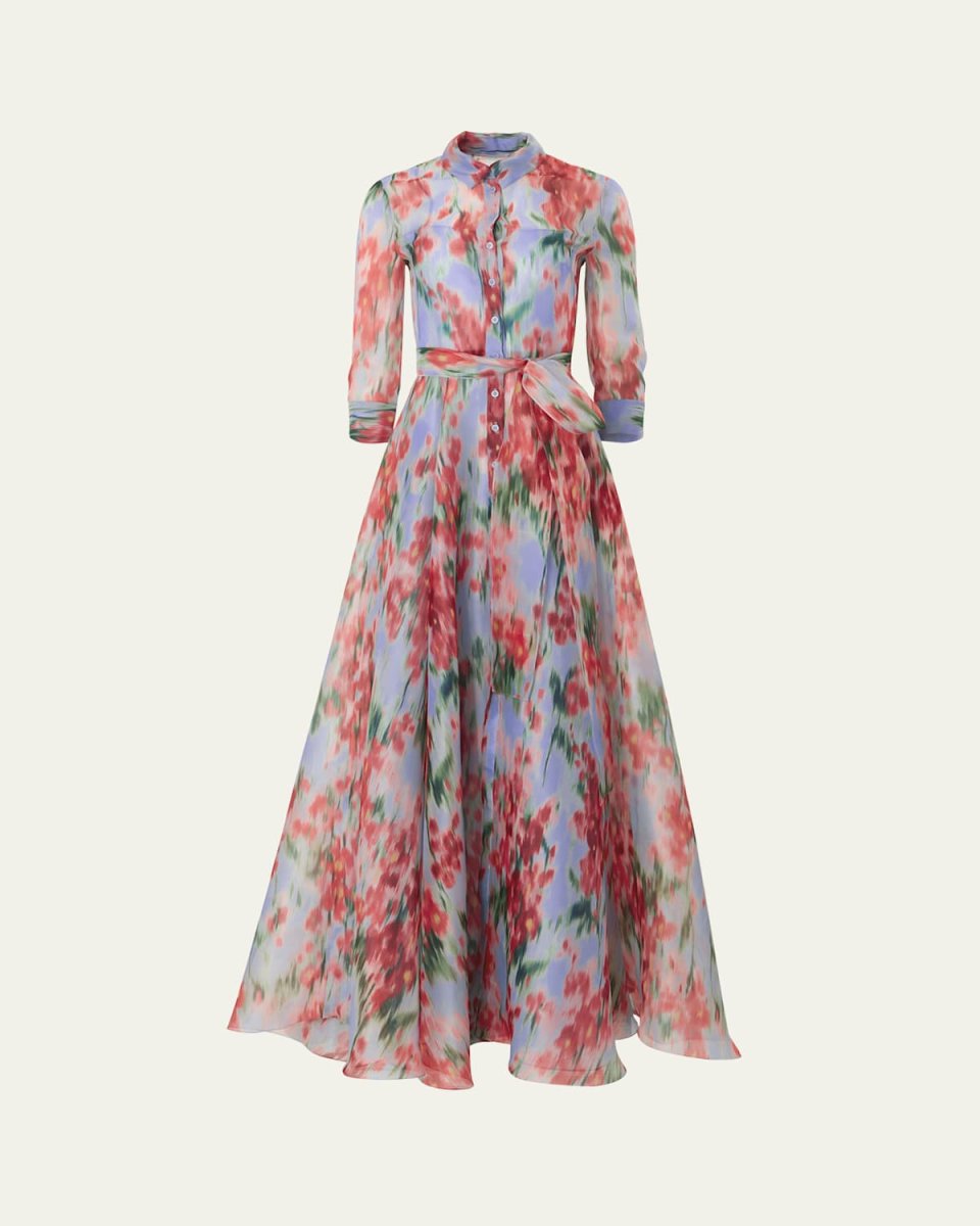 Watercolor Floral Belted Silk Trench Gown