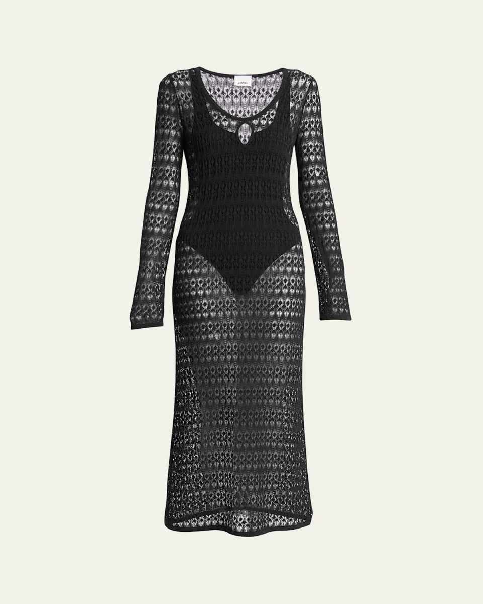 Poros Scoop-Neck Long-Sleeve Crochet Knit Maxi Dress
