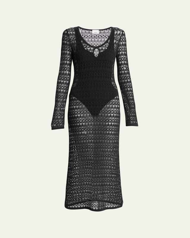 Poros Scoop-Neck Long-Sleeve Crochet Knit Maxi Dress