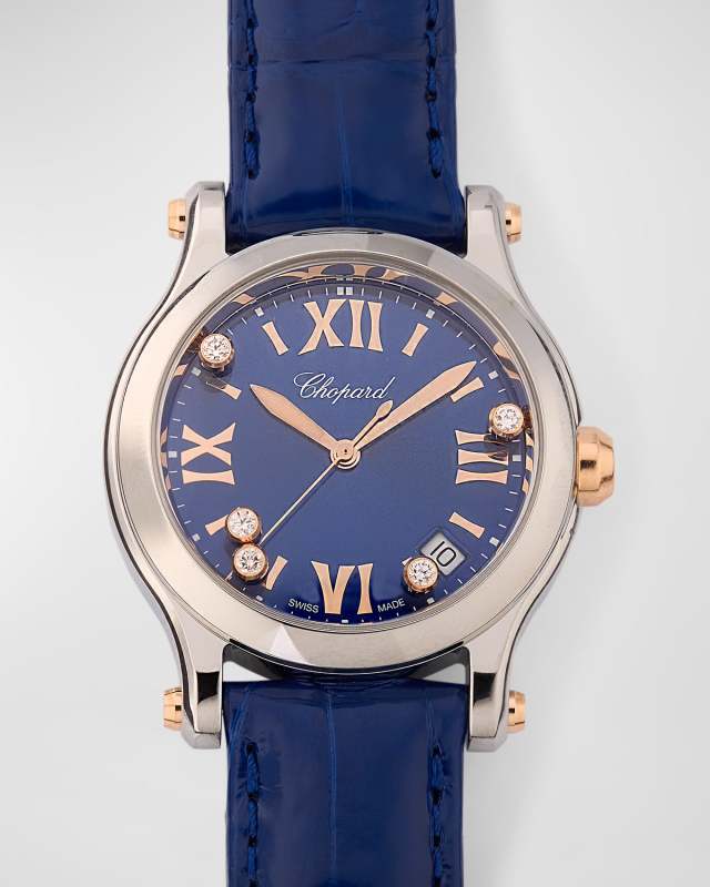 Happy Sport 36mm 18K Rose Gold Diamond & Blue Dial Watch