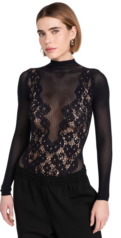 Wolford Flower Lace String Thong Bodysuit Black
