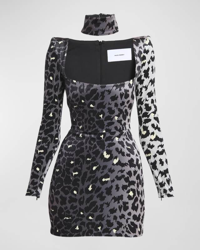 Printed Velvet Mini Dress with Neck Cuff