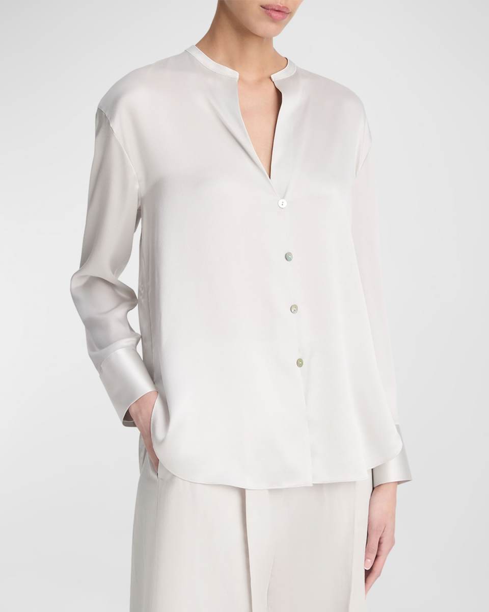 Band-Collar Long-Sleeve Silk Blouse