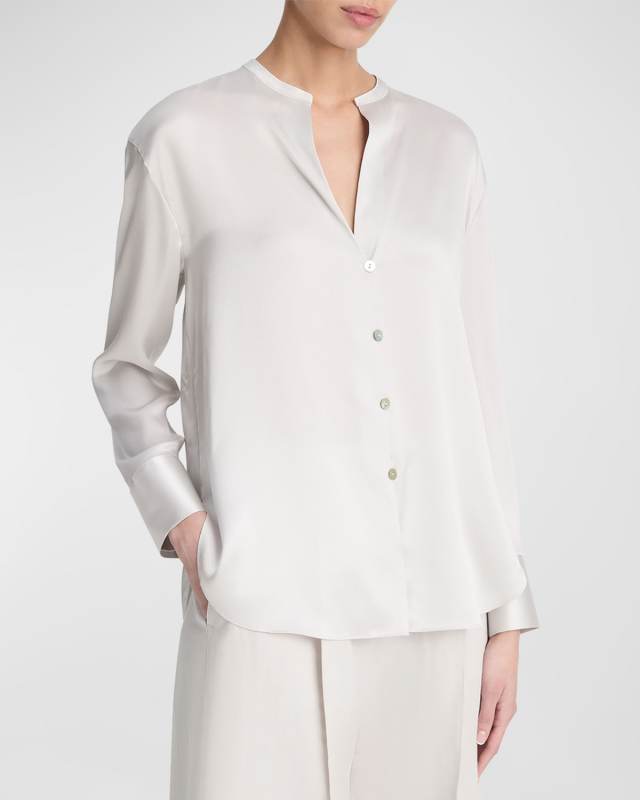 Band-Collar Long-Sleeve Silk Blouse