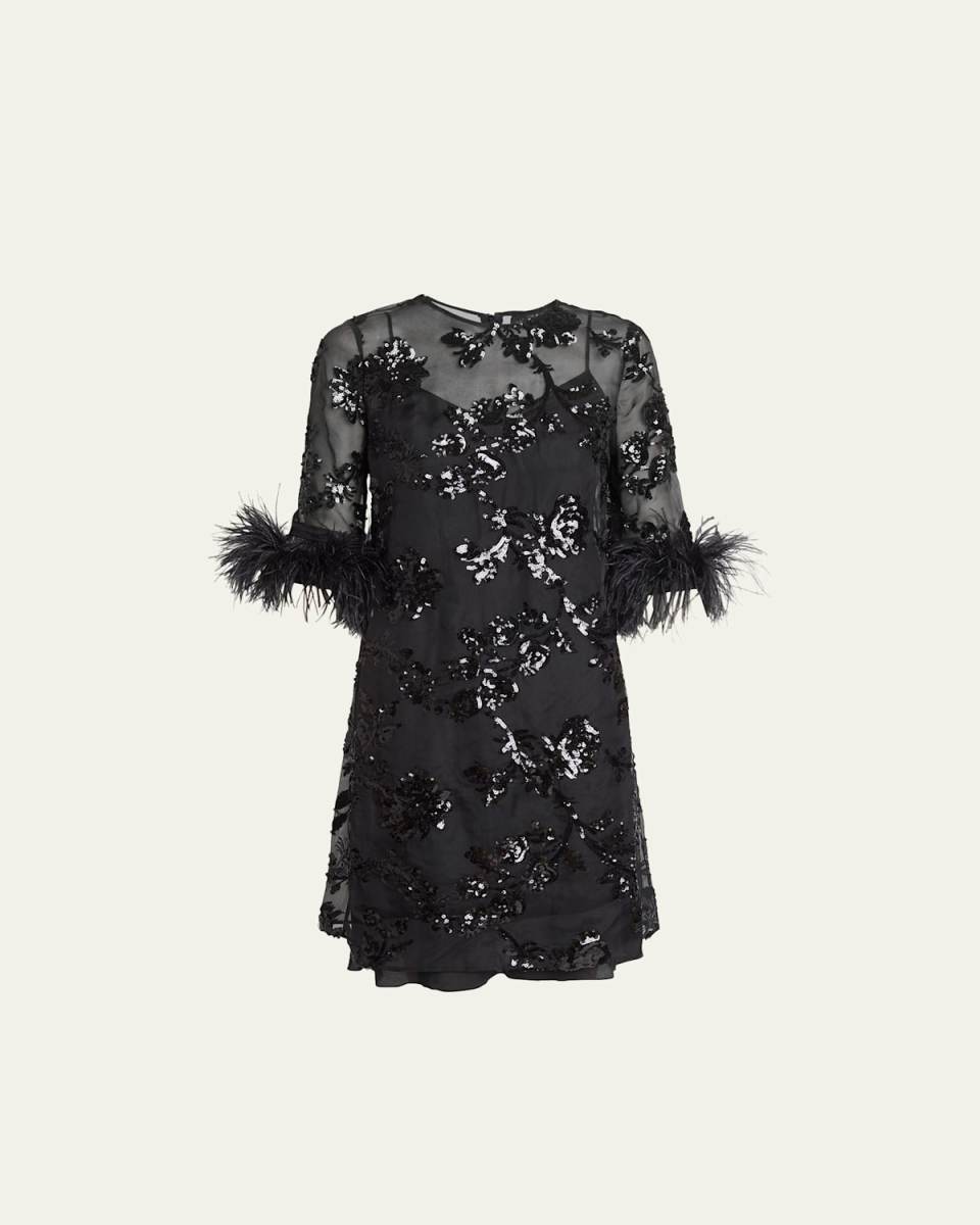 Feathered Floral Sequined Short Dress