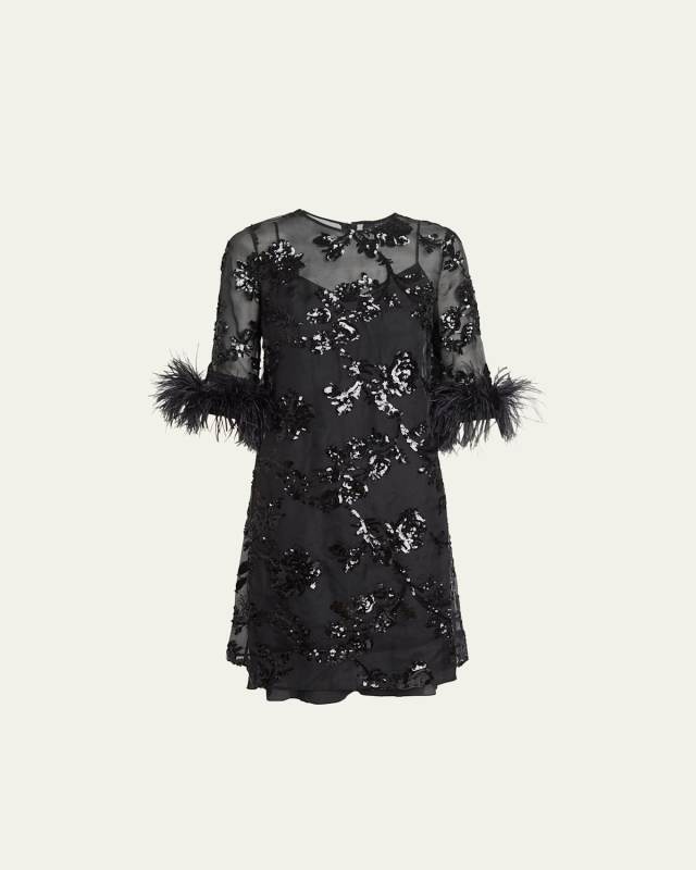 Feathered Floral Sequined Short Dress