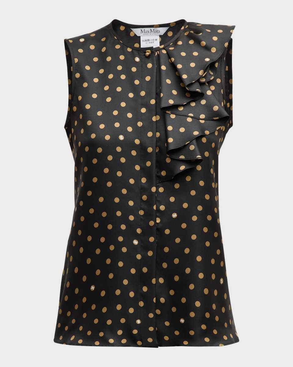 Pegli Polka-Dot Silk Ruffle Sleeveless Top
