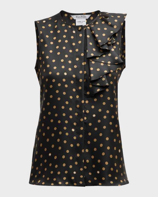 Pegli Polka-Dot Silk Ruffle Sleeveless Top