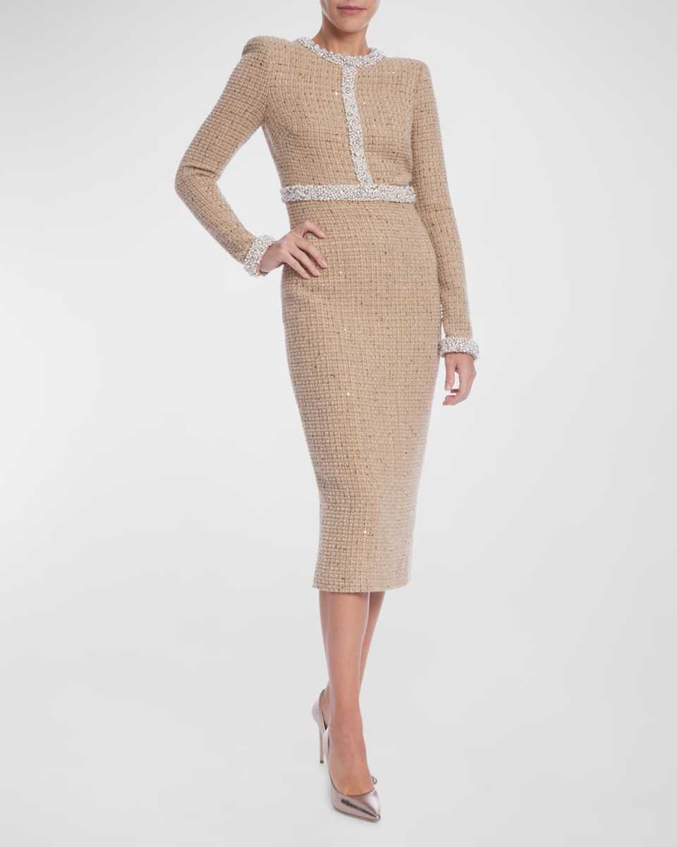 Sequin Tweed Midi Dress with Faux Pearls