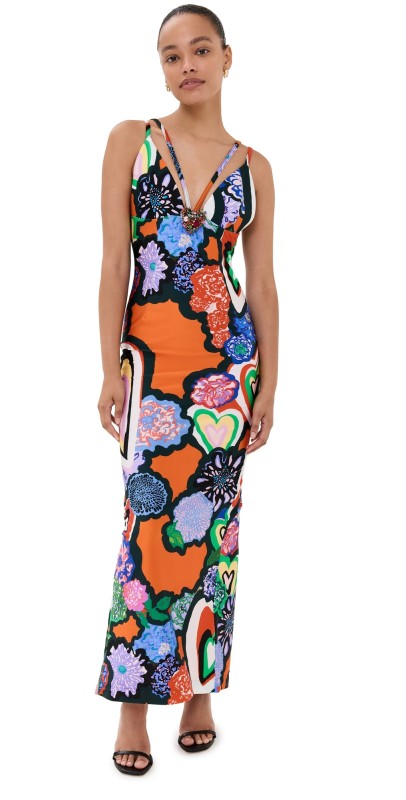AREA Heart Printed Maxi Dress Orange Multi
