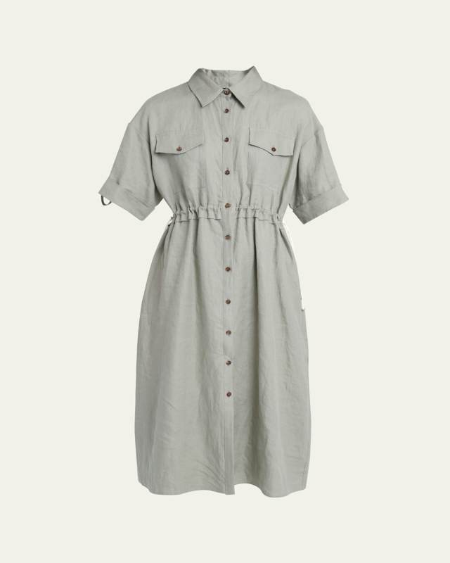 Drawstring Linen Button Down Midi Dress