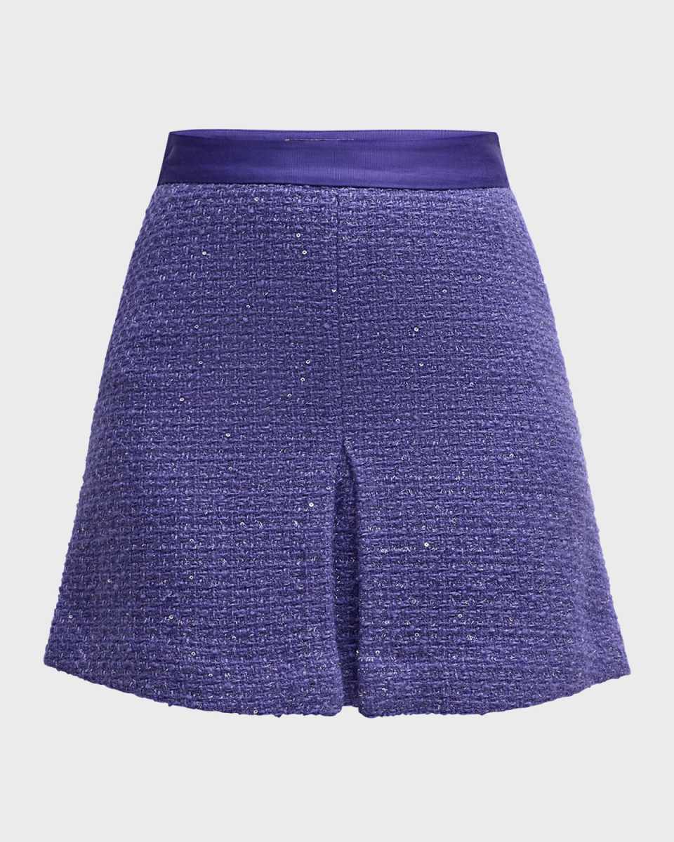 Pleated Sequin Tweed Mini Skirt