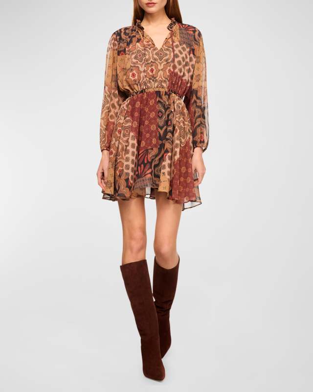 Molly Patchwork Chiffon Split-Neck Mini Dress