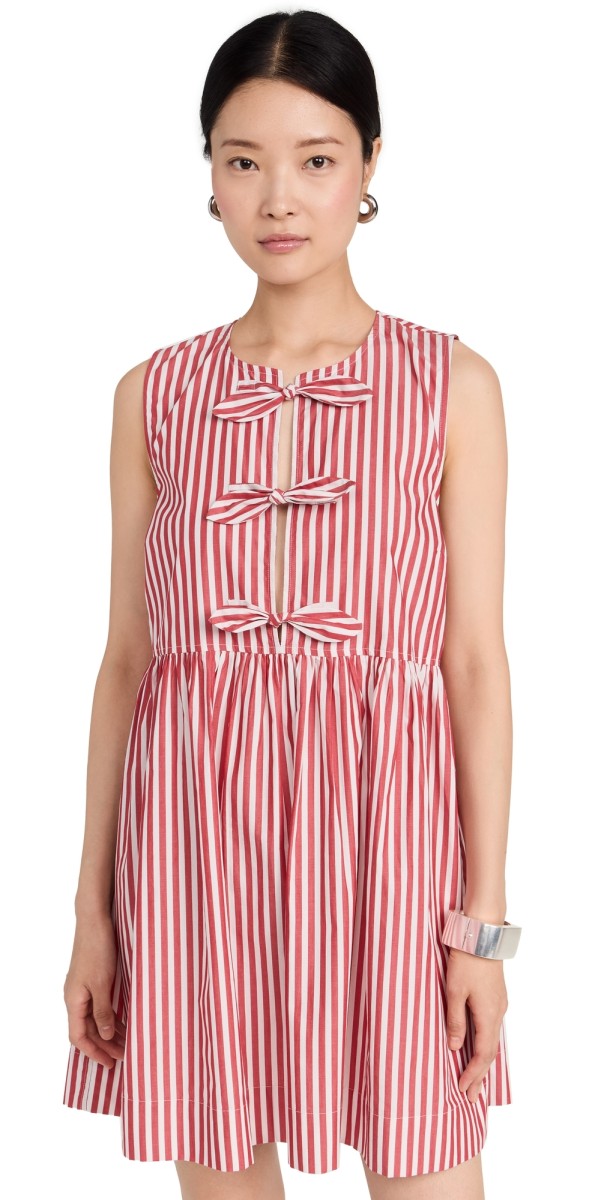 GANNI Stripe Cotton Mini Bow Tie Dress Barbados Cherry