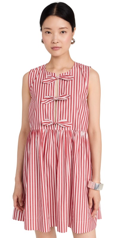 GANNI Stripe Cotton Mini Bow Tie Dress Barbados Cherry