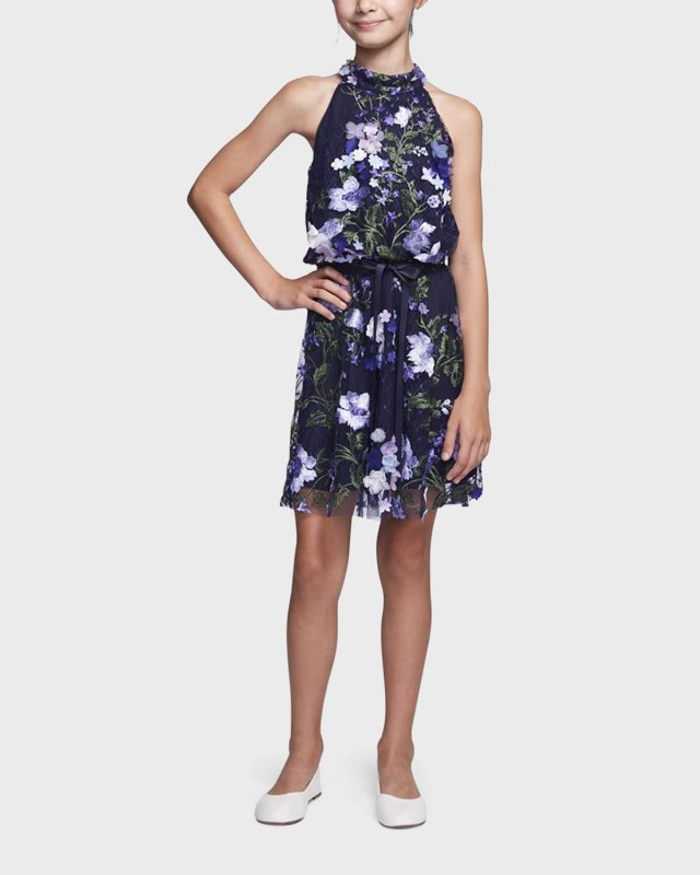 Girl's 3D Embroidered Floral Dress, Size 7-14