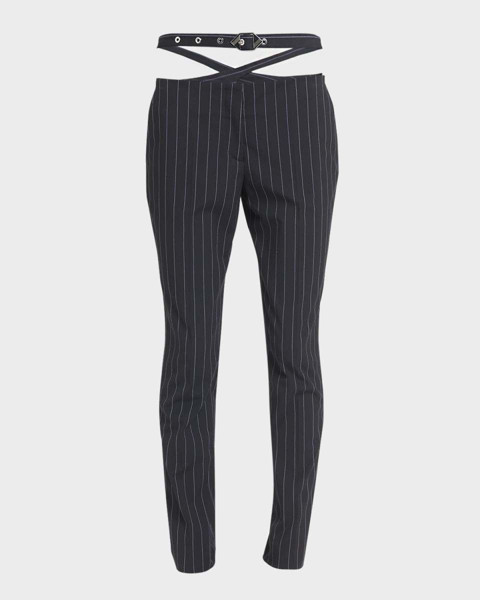 Mid-Rise Buckle-Strap Straight-Leg Pinstripe Pants
