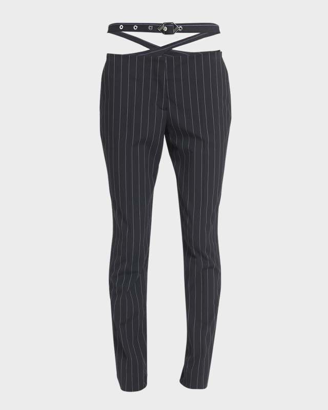 Mid-Rise Buckle-Strap Straight-Leg Pinstripe Pants
