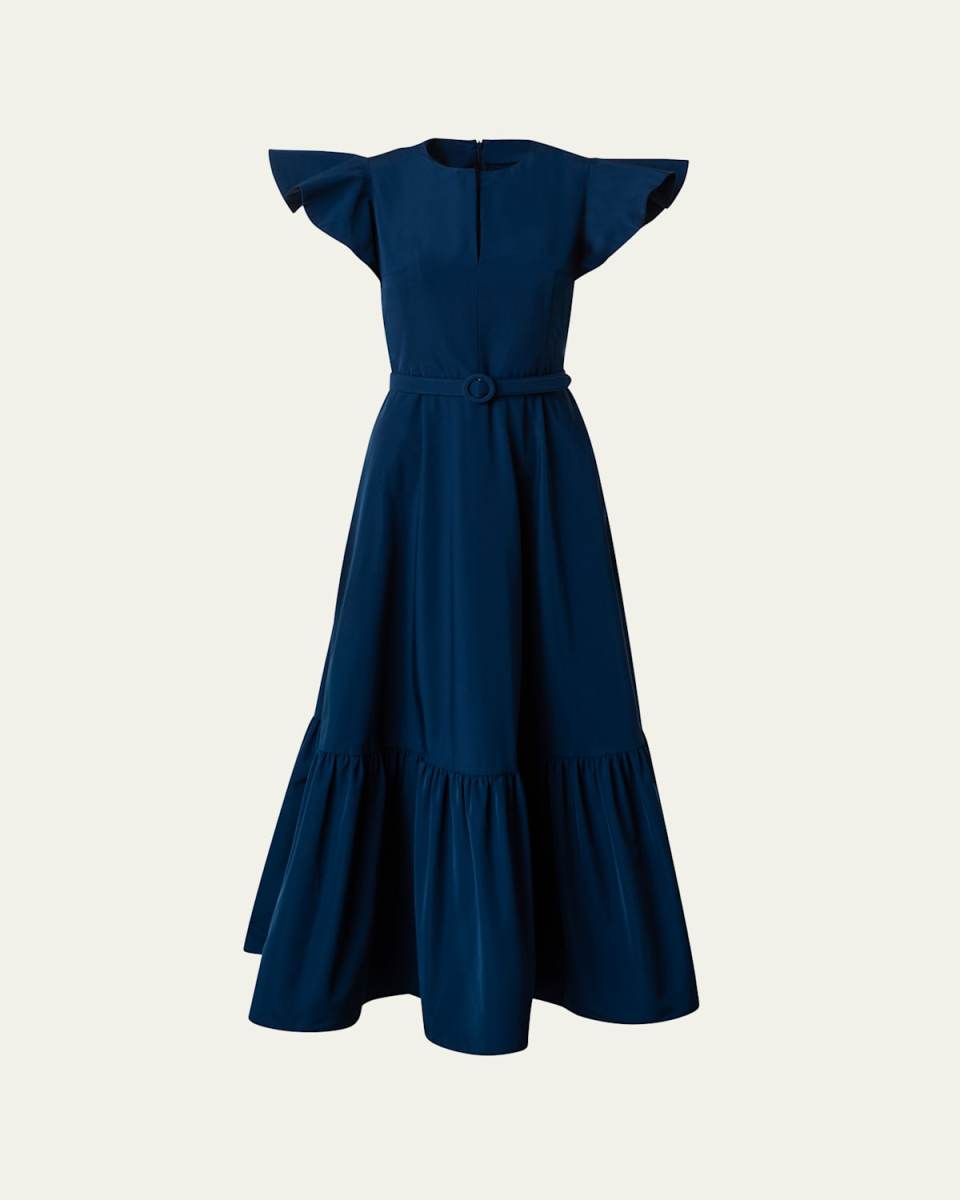 Cap-Sleeve Belted Tiered-Hem Taffeta Midi Dress