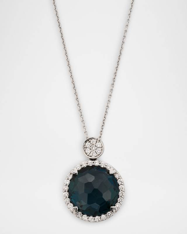 Rocks 18K White Gold Petite London Blue Topaz Diamond Halo and Disc Bail Pendant Necklace