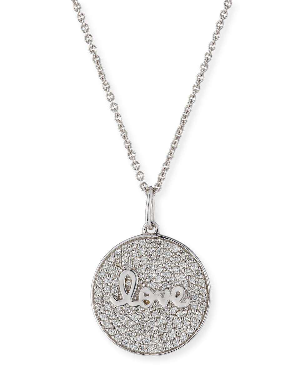 14k White Gold Love Script Diamond Pave Medallion Necklace