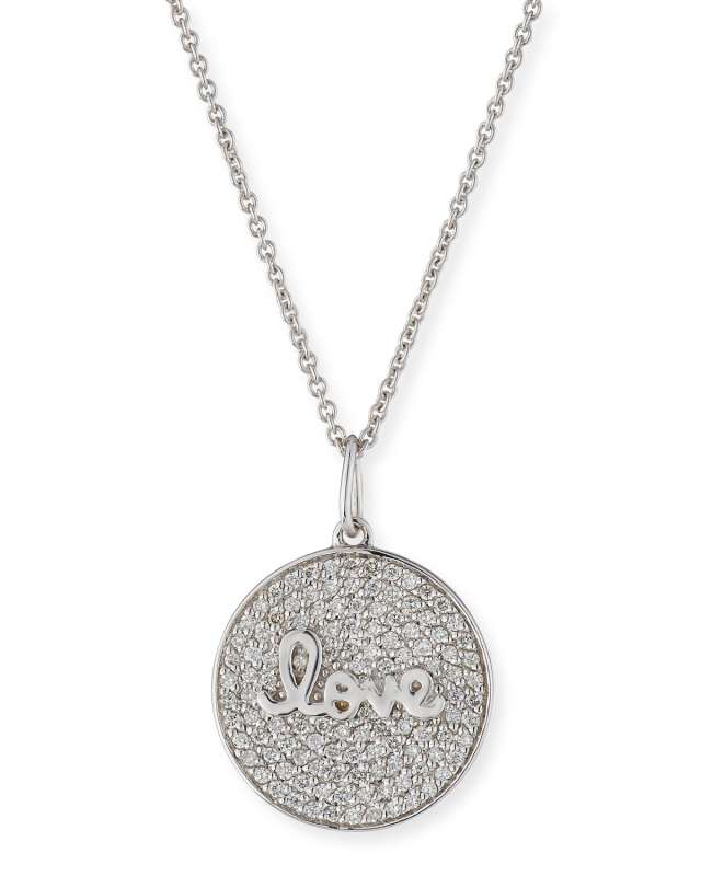 14k White Gold Love Script Diamond Pave Medallion Necklace
